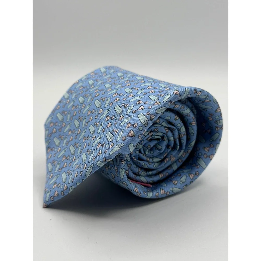 Vineyard Vines Mens Silk Tie Blue Martini Cocktail Shaker Barware Print 2003577